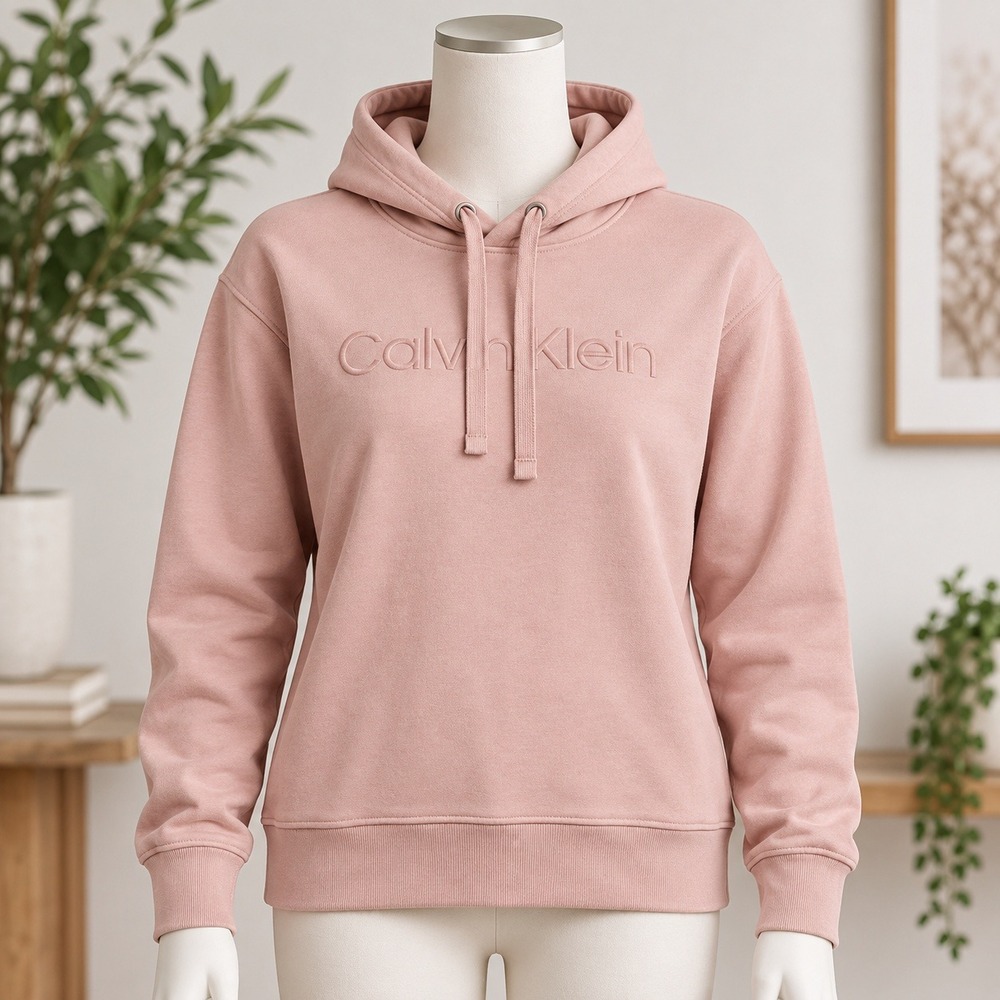 Calvin Klein Hoodie Womens XS Pink Embossed Logo Pullover Sweatshirt